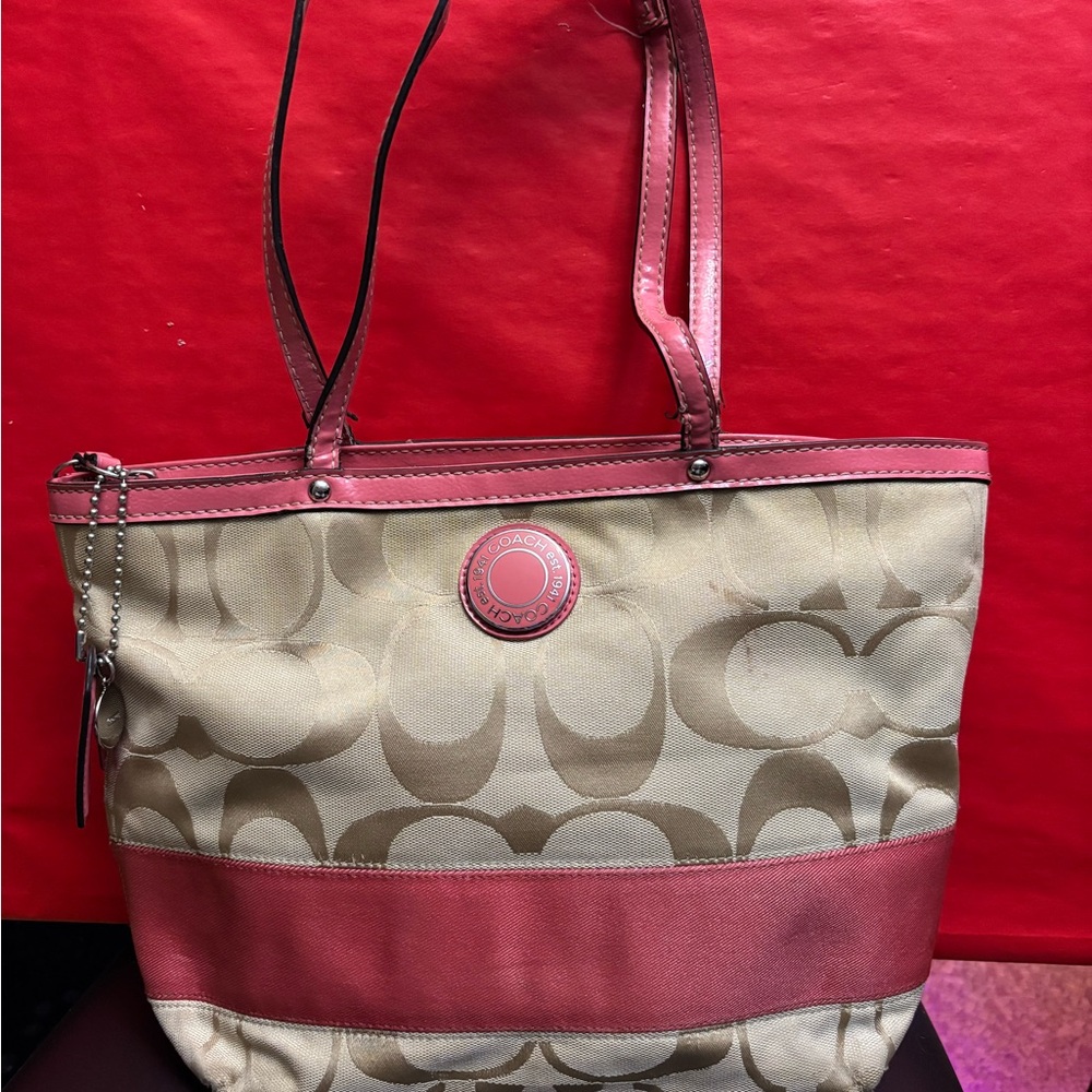 Coach Tan and Pink Signature Tote Bag
